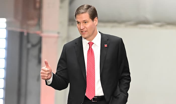 Trev Alberts at Matt Rhule introductory press conference 2022 Nebraska football USATSI_19521008